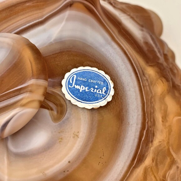 Caramel Rose Slag Glass Dish Imperial Bowl Ruffled Rim Embossed Foil Label Vtg - Picture 6 of 6